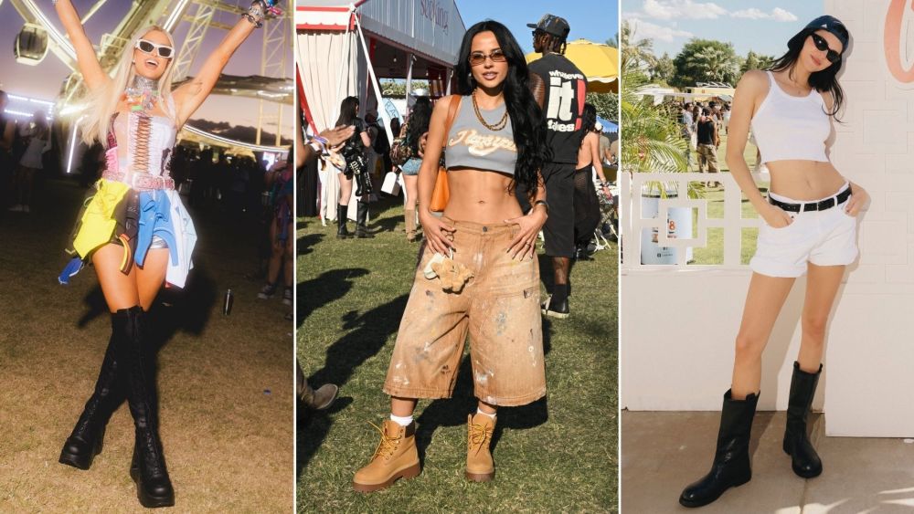 Paris Hilton in Demonia thigh-high boots, Becky G in TImberland boots, and Kendall Jenner in minimalist black knee-high boots during Coachella 2026 Weekend 1.