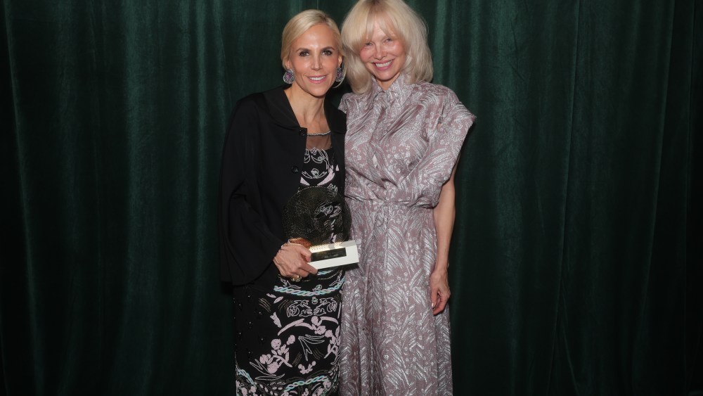 Tory Burch and Pamela Anderson pose with the Designer of the Year Award at Fashion Trust U.S. Awards 2026 held at Nya Studios West on April 07, 2026 in Los Angeles, California.