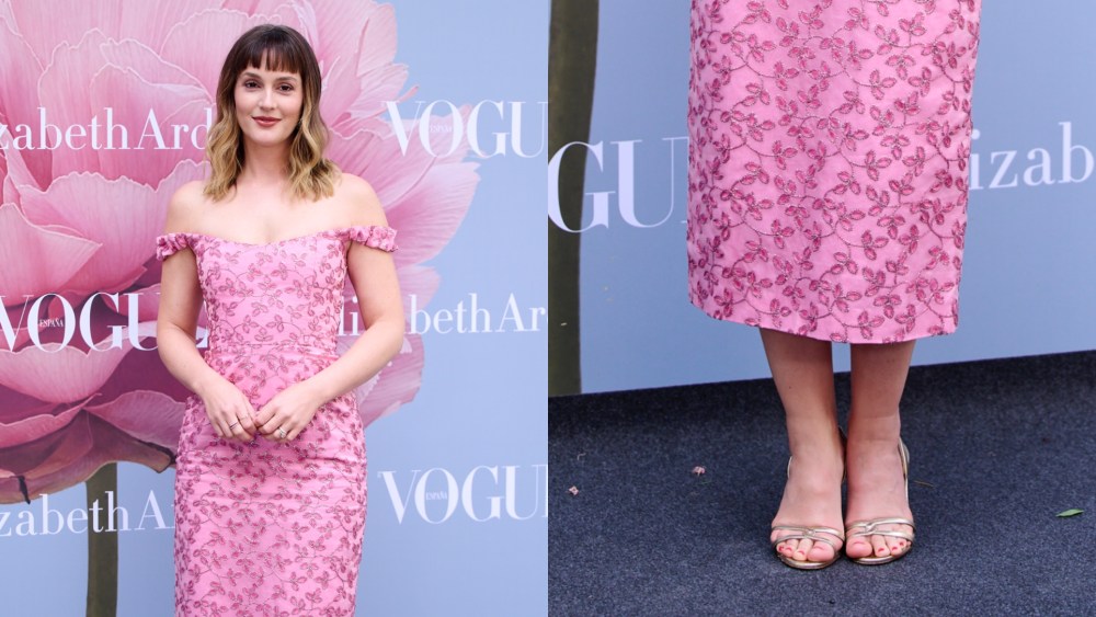 On Tuesday, Leighton Meester made an appearance at an Elizabeth Arden fragrance event in metallic gold sandals.
