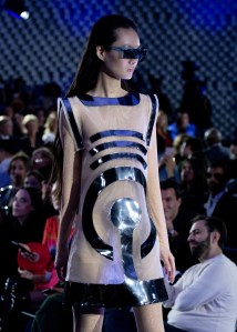 Model on the runway at Pierre Cardin Ready To Wear Spring 2024 held at Espace Niemeyer on September 25, 2023 in Paris, France.