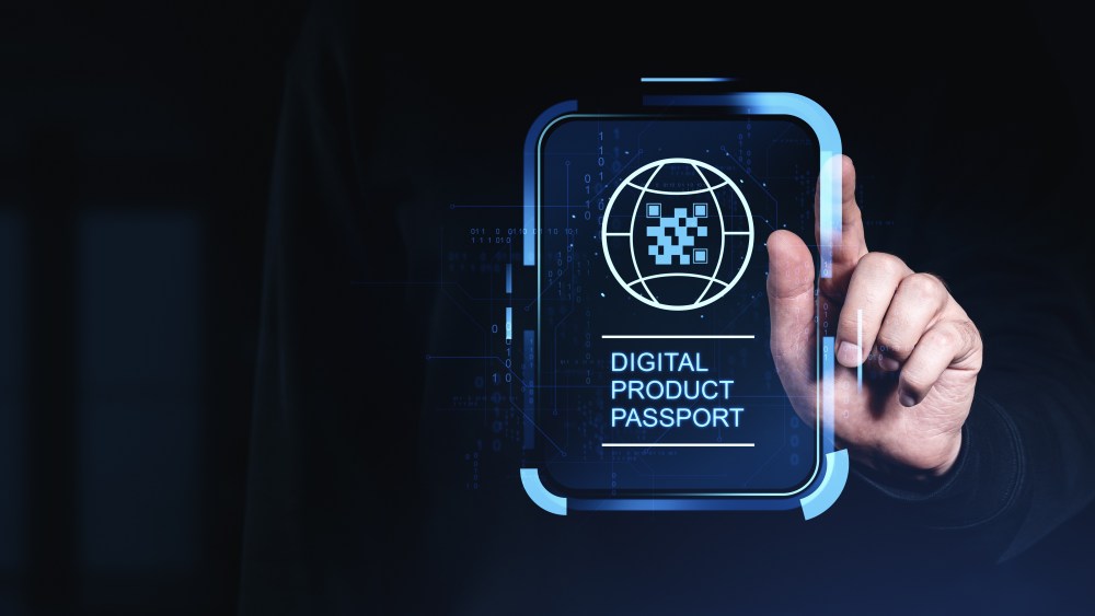 Human hand interacting with a glowing digital product passport interface.