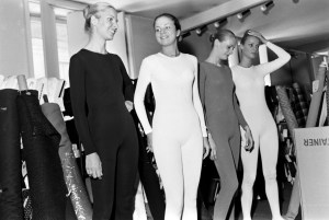 Models in body stockings from the Pierre Cardin fall 1971 couture collection at Espace Studios in Paris on June 10, 1970.