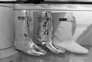 Courreges moon boots in store at the Courreges boutique in Paris, 1982.