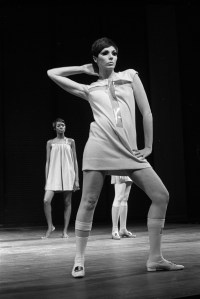 Rudi Gernreich spring 1968 mini dress with clear plastic panels on the runway, Los Angeles, California.