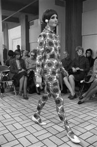 Rudi Gernreich’s floral-print turtleneck knit minidress with matching hosiery for resort 1969, New York.