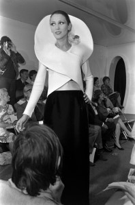 Pierre Cardin Fall 1973 100-piece couture collection shown at his Espace showroom in Paris, France.