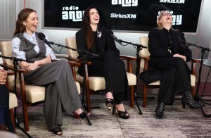 NEW YORK, NEW YORK - APRIL 20: (L-R) Emily Blunt, Anne Hathaway and Meryl Streep speak during SiriusXM's Front Row with the cast of 'The Devil Wears Prada 2' at SiriusXM Studios on April 20, 2026 in New York City.  (Photo by Cindy Ord/Getty Images for SiriusXM)