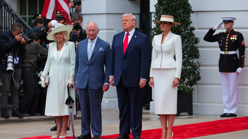 Queen Camilla, King Charles III, U.S. President Donald Trump, and First lady Melania Trump pose during a state arrival ceremony on the South Lawn of the White House on April 28, 2026 in Washington, DC. President Trump and King Charles III will participate in a number of activities including a bilateral meeting in the Oval Office, with the king later addressing a joint meeting of the United States Congress.