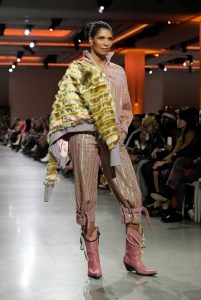 A model walks the runway wearing a look by ESMOD France student designer Irene Bergoin during LIM College's 81st Annual Fashion Show "Global Fashion Fusion" at The Glasshouse on April 10, 2026 in New York City.