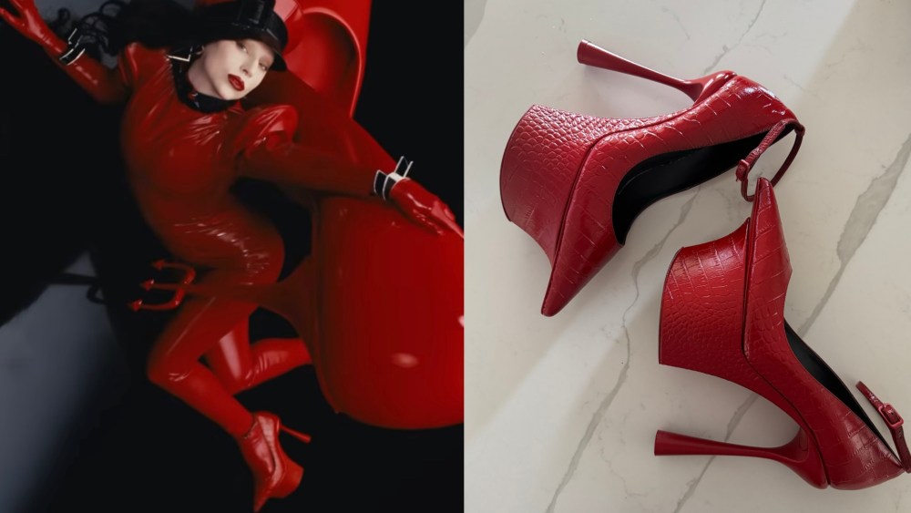 Lady Gaga wearing custom Thom Solo red croc Opera platforms in the music video for 'Runway.'