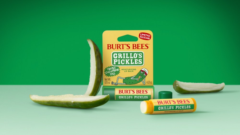 Burt's Bees x Grillo's Pickles lip balm collaboration.