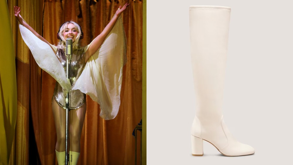 Left: Sabrina Carpenter performs at the Coachella Stage during the 2026 Coachella Valley Music and Arts Festival at Empire Polo Club on April 10, 2026 in Indio, California.
Right: Stuart Weitzman Lucie Knee-High Boot 75.