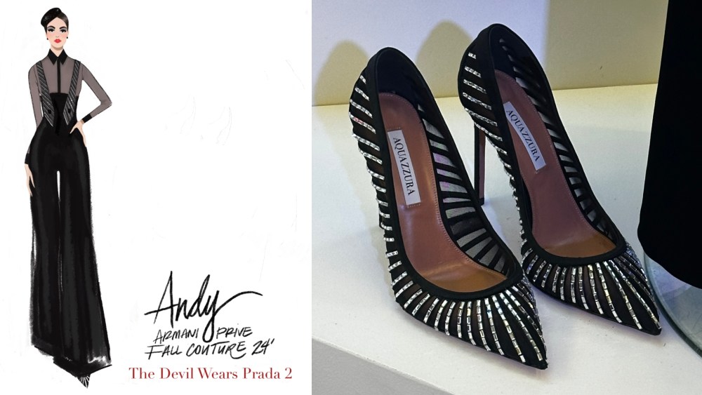 An Armani Privé look and Aquazzura shoes featured in 'The Devil Wears Prada 2.'
