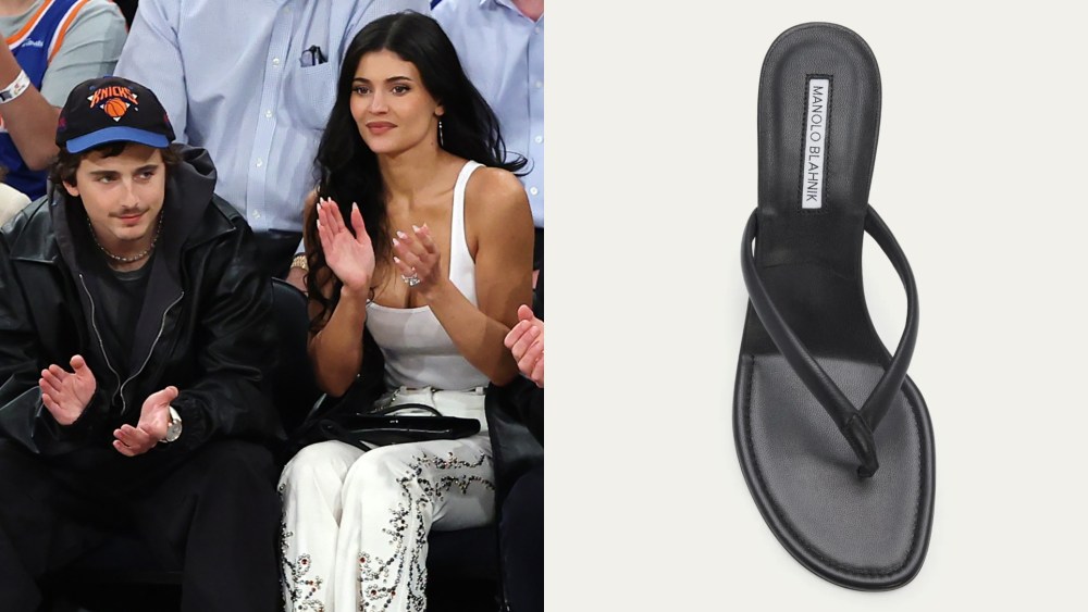 Left:  Timothée Chalamet and Kylie Jenner attend Game Five of the Eastern Conference First Round NBA Playoffs between the Atlanta Hawks and the New York Knicks at Madison Square Garden on April 28, 2026 in New York City.
Right: Manolo Blahnik Paterno sandal.