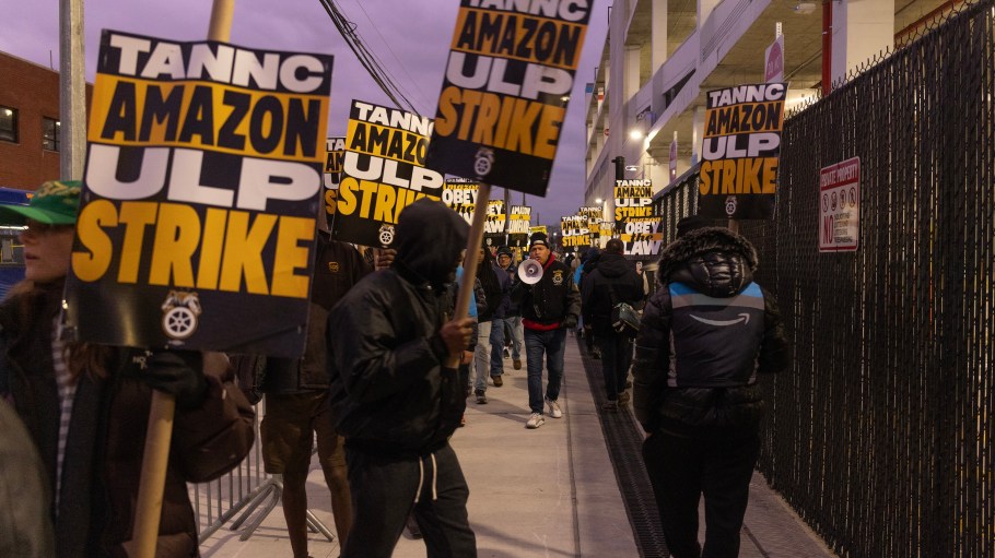 Amazon workers organized by the Teamsters Union go on strike and walk a picket line in front of the DBK4 Amazon facility on December 20, 2024 in the Maspeth neighborhood in the Queens borough of New York City.