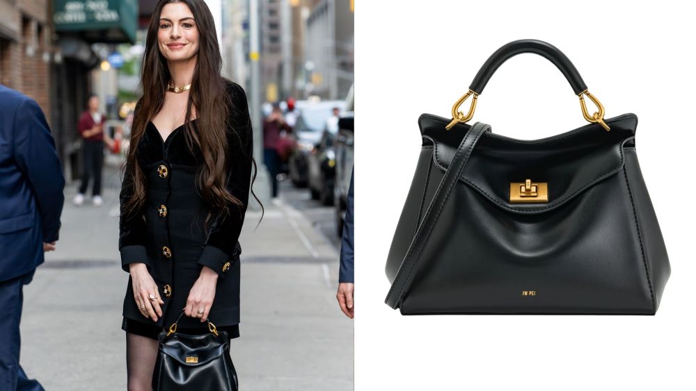 anne hathaway holding a $99 top handle lucia bag from jw pei while being photographed outside in nyc; jw pei lucia bag in black over a white background; shop anne hathaway style