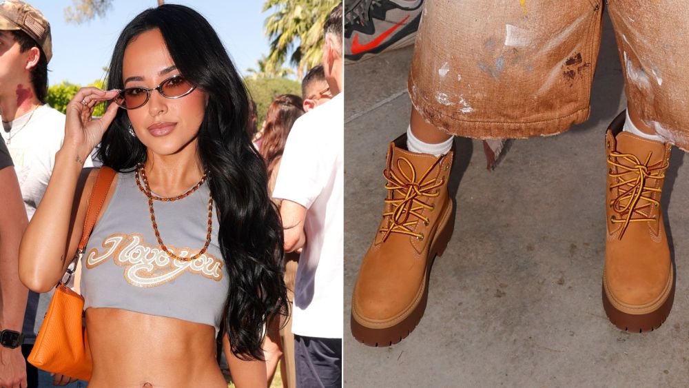 Becky G wears Timberland Stone Street Platform boots and carries a Hammitt bag at two Coachella events on Saturday.