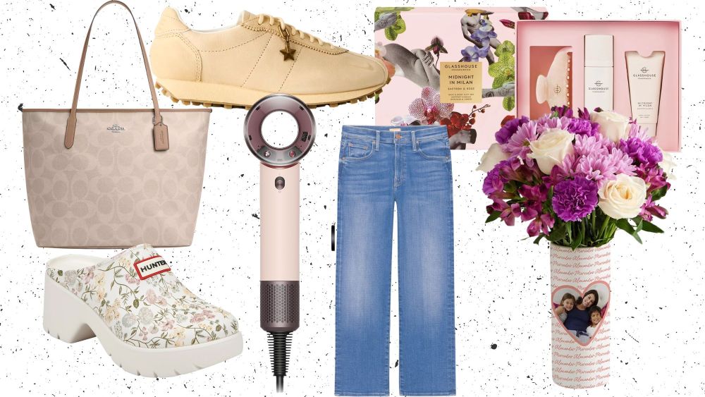 a range of mother's day gifts, including shoes, hair dryers, and flowers, over a speckled white background; what to get mom for mother's day this year