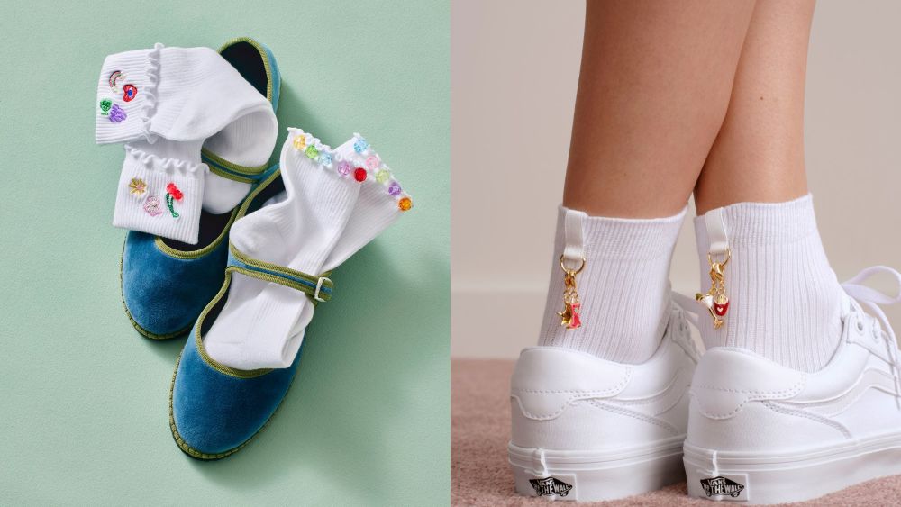 mary jane velvet shoes stuffed with embellished, charm-bedecked socks from bombas x susan alexandra; person wearing white vans and socks with charms on them from bombas x susan alexandra collab