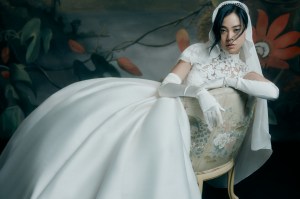 Sareh Nouri Italian stretch Mikado Layla gown with a 
laser cut lace overlay; Binata veil; Jennifer Behr tiara; 
stylist’s own gloves.