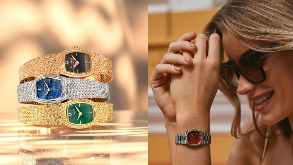 three bulova watches for women stacked one on top of the other; woman wearing a bulova watch with a red dial; best bulova watches for women to buy online