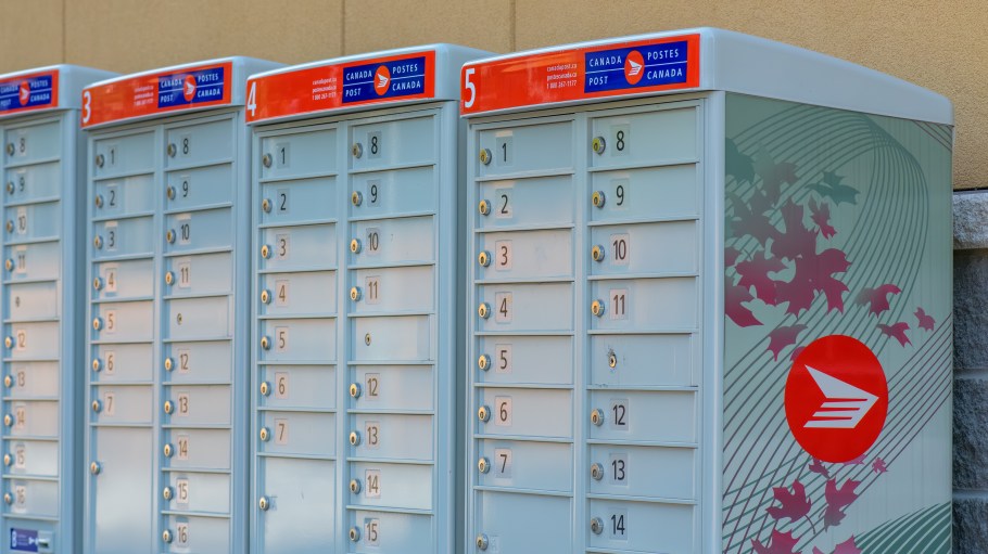 TORONTO, CANADA - 2025/08/09: Canada Post community mailboxes numbered and labeled with bilingual signage. (Photo by Roberto Machado Noa/LightRocket via Getty Images)
