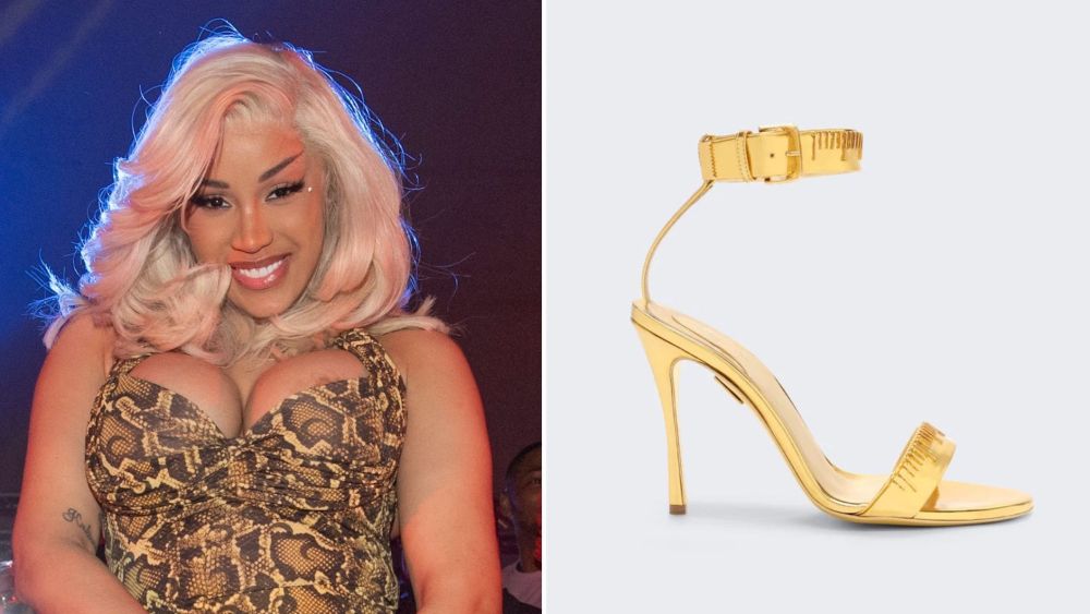 Cardi B at her "Little Miss Drama" After Party in Atlanta, where she wore Schiaparelli Measuring Tape Sandals in a metallic gold finish.