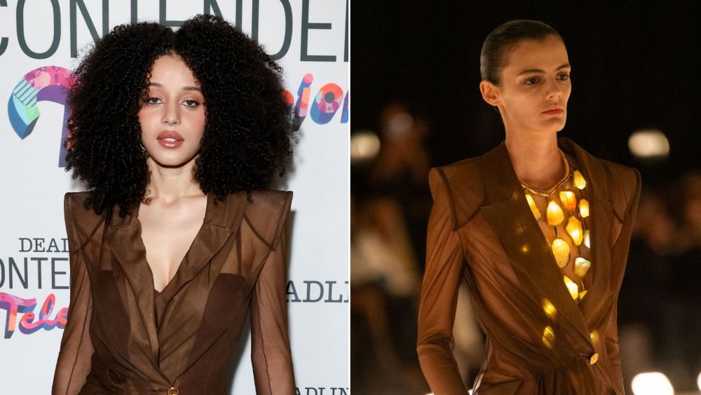 Chase Infiniti in Schiaparelli at Deadline's Contenders Television on Sunday; the look on the spring 2026 ready-to-wear runway.