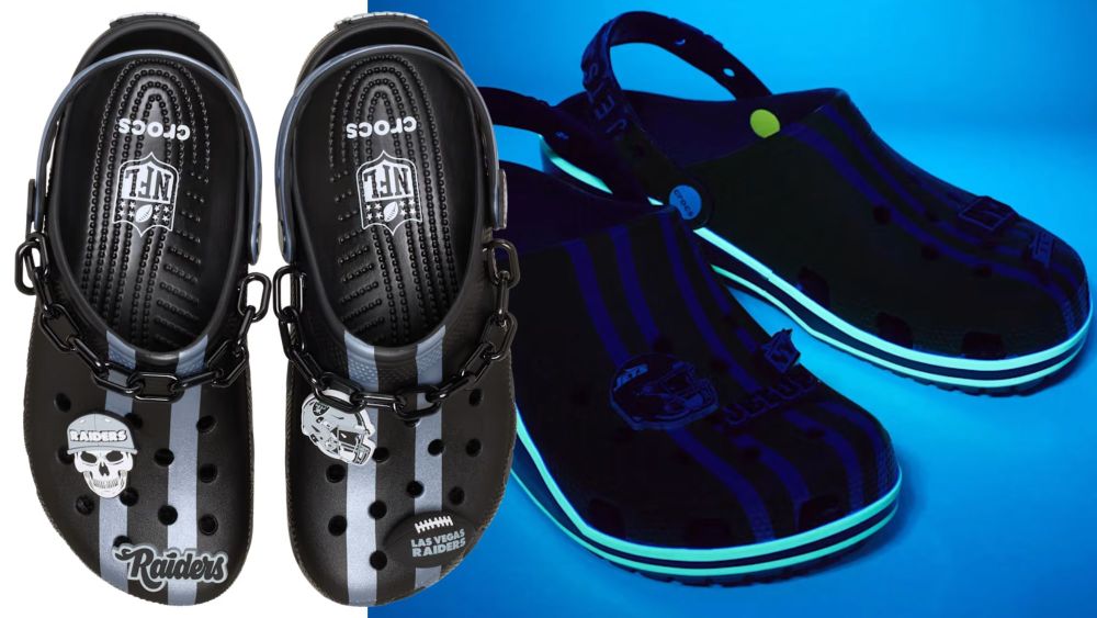 crocs x nfl raiders clogs in black and gray over white background; crocs x nfl jets clogs under a UV light, glowing in the dark; shop crocs x nfl collab online