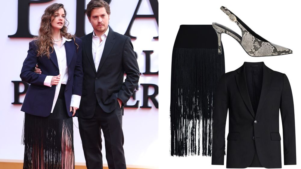 dylan sprouse, barbara palvin attending 'the devil wears prada 2' global premiere on april 20; selection of 'devil wears prada'-themed walmart clothing worn by sprouse and palvin that evening