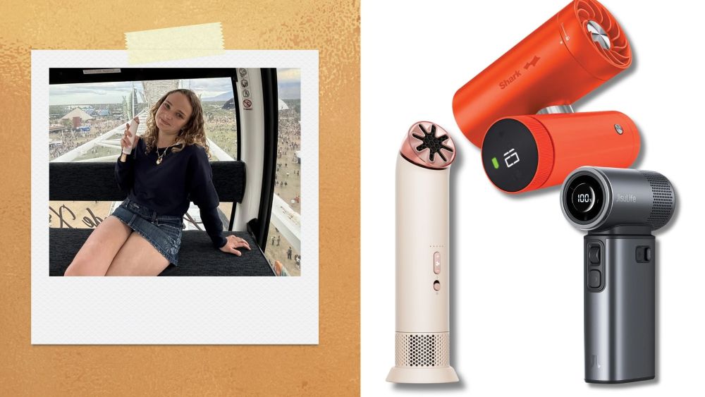 author holding dyson's first portable fan while riding coachella ferris wheel; three portable fans from top brands over a white background; best personal fans for festivals 2026