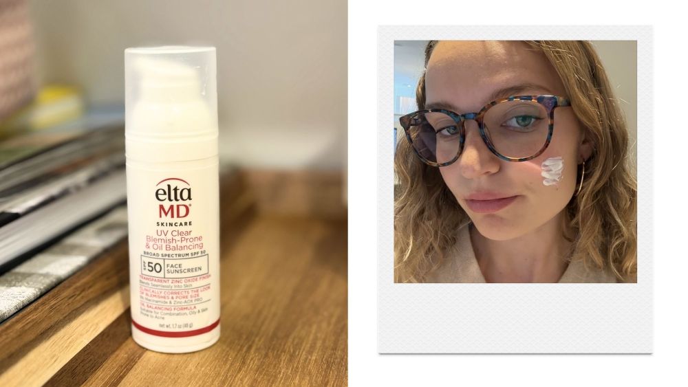 bottle of eltamd's new sunscreen for blemish-prone skin photographed on a wooden surface; author's photo with the eltamd sunscreen on her face; best eltamd sunscreens to shop