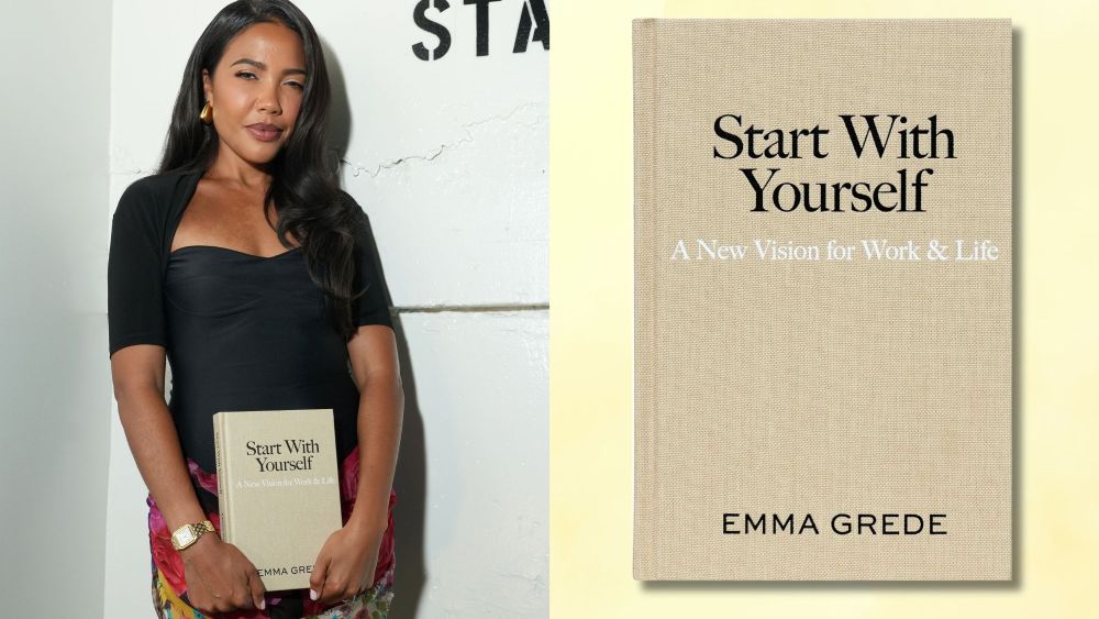 emma grede posing with her new book, called "start with yourself"; entrepreneur emma grede's first book over yellow background; buy emma grede book online