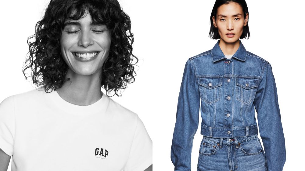 models wearing pieces from gap x victoria beckham clothing collaboration, including denim on denim look and white t-shirt; shop gap x victoria beckham online