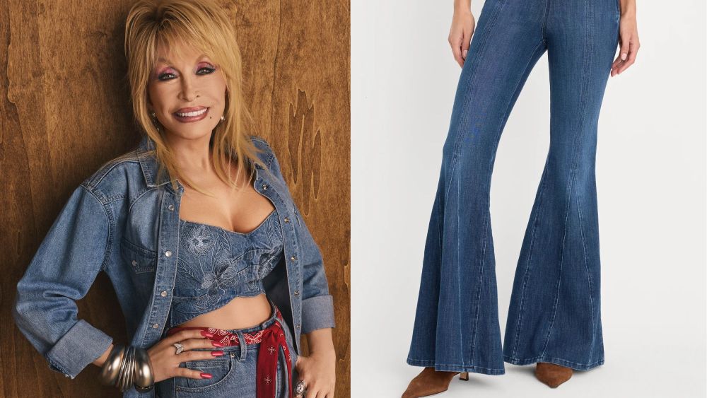 Dolly Parton posing in a denim outfit from her third Good American collection; a pair of flared jeans from Good American x Dolly Parton