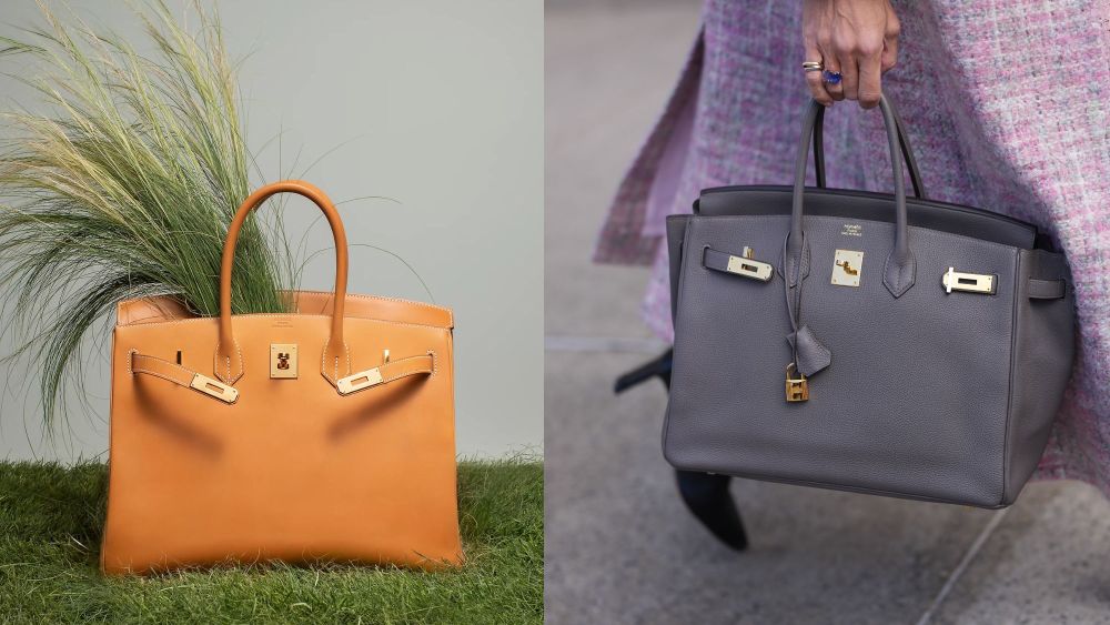 Hermès Birkin bag in a light orange shade, with grass inside, standing on a faux grass surface; a guest wears a gray purple leather Birkin handbag from Hermès at New York Fashion Week on February 12, 2026; how to shop for a birkin bag online