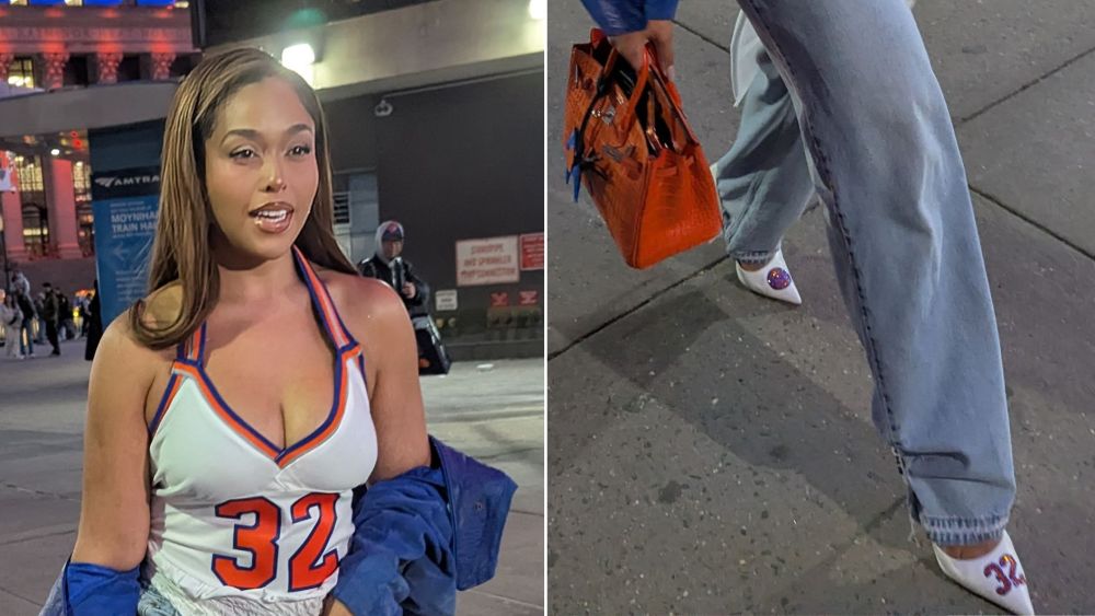 Jordyn Woods in a pair of custom white pumps with the Knicks logo on one shoe and the number 32 on the other in support of her fiancé Karl-Anthony Towns at the Knicks vs. Atlanta Hawks game on Monday night.
