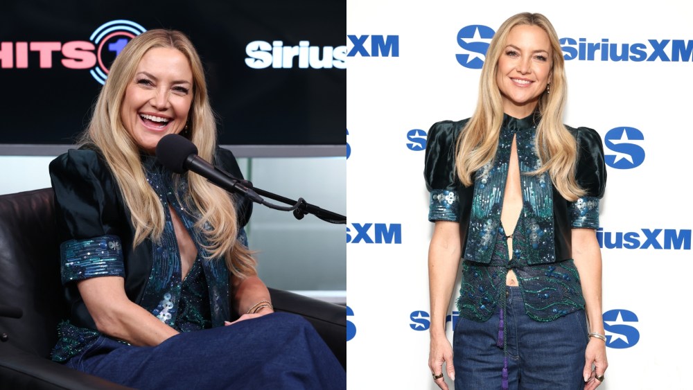 Kate Hudson wears Giorgio Armani on SiriusXM's Front Row with the cast of "Running Point" at SiriusXM Studios on April 21 in New York City.