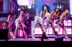 Daniela Avanzini, Megan Skiendiel, Sophia Laforteza, Lara Raj and KATSEYE of KATSEYE perform at the 2026 Coachella Valley Music And Arts Festival - Weekend 1 - Day 1 on April 10, 2026 in Indio, California.