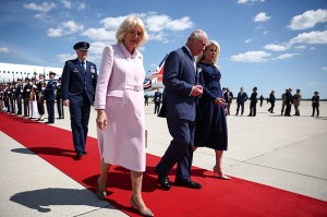 JOINT BASE ANDREWS, MD - APRIL 27: Britain's King Charles III and Queen Camilla are greeted by US Protocol Chief Monica Crowley (R) as they arrive on day one of their State Visit to the United States on April 27, 2026 at Joint Base Andrews, Maryland.  The visit will include stops at the nation's capital, New York City, and Virginia, arranged to celebrate the United States of America's 250th anniversary of its independence. (Photo by Henry Nicholls-Pool/Getty Images)