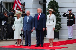 WASHINGTON, DC - APRIL 28: Queen Camila, King Charles III, U.S. President Donald Trump, and First lady Melania Trump pose during a state arrival ceremony on the South Lawn of the White House on April 28, 2026 in Washington, DC. President Trump and King Charles III will participate in a number of activities including a bilateral meeting in the Oval Office, with the king later addressing a joint meeting of the United States Congress. (Photo by Chip Somodevilla/Getty Images)