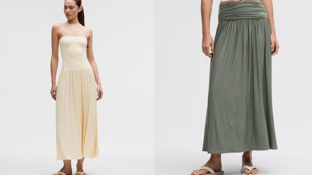 two models wearing the lululemon 2-in-1 dress, in strapless maxi dress and maxi skirt form; lululemon 2-in-1 dress restock