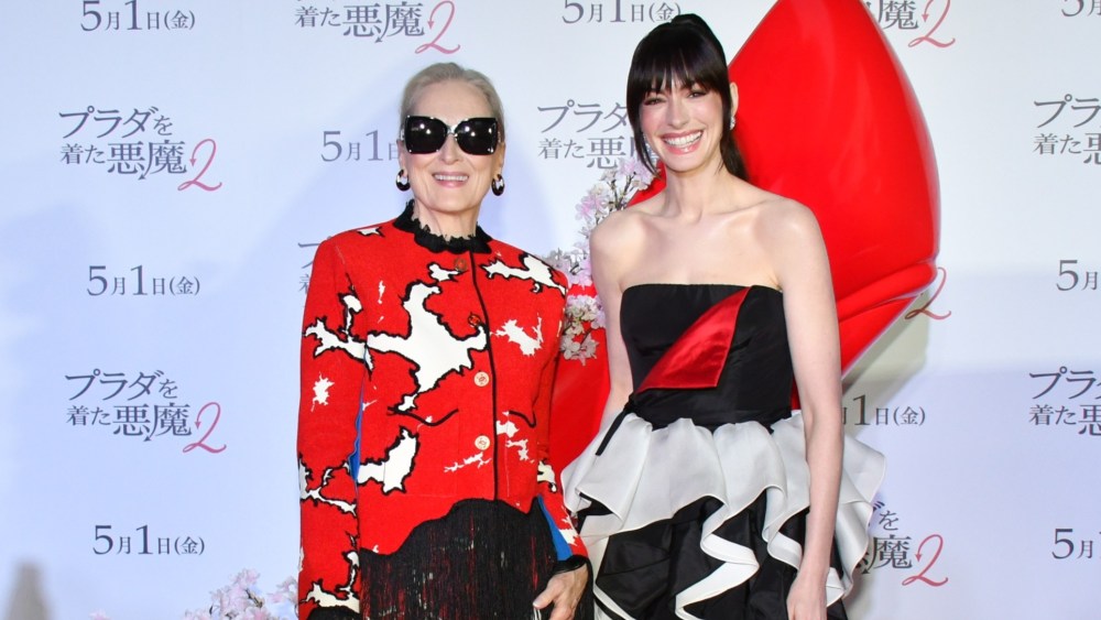 Meryl Streep in Chanel, left, and Anne Hathaway in Valentino attend the Tokyo premiere of 'The Devil Wears Prada 2' on April 6.