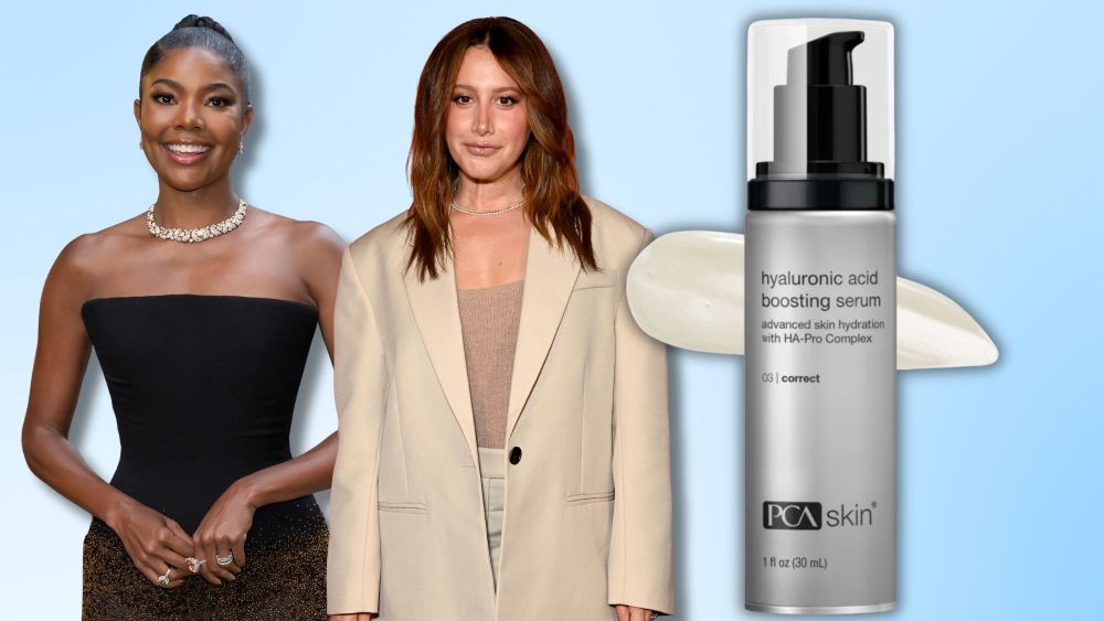 gabrielle union and ashley tisdale over a light blue gradient background, next to PCA Skin's hyaluronic acid serum; shop best moisturizing serums online