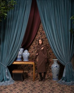Canton Console and Florence Stools at the Ralph Lauren Showroom in Milan with model wearing Ralph Lauren Fall 2026 Collection.