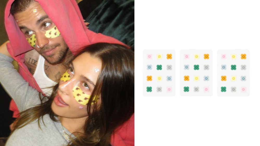 hailey and justin bieber posing with under eye patches and pimple patches from rhode; three rhode pimple patch strips over a white background