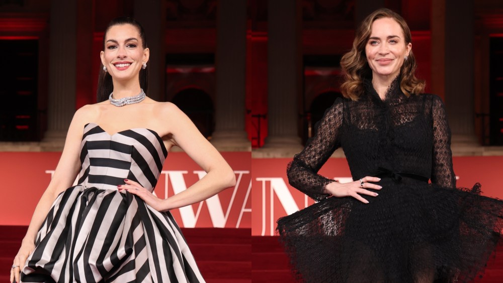 Anne Hathaway in Louis Vuitton, left, and Emily Blunt in Dior at the "A Night with Runway" Gala Reception for 20th Century Studios' 'The Devil Wears Prada 2' at The National Gallery in London on April 22.
