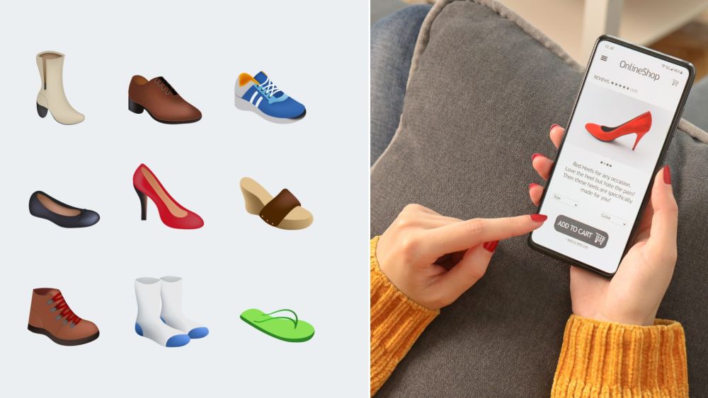 The shoe and footwear emojis alongside a woman shopping on her phone for shoes. New data suggests emojis are being used more frequently in search as "vibe shopping" is on the rise.