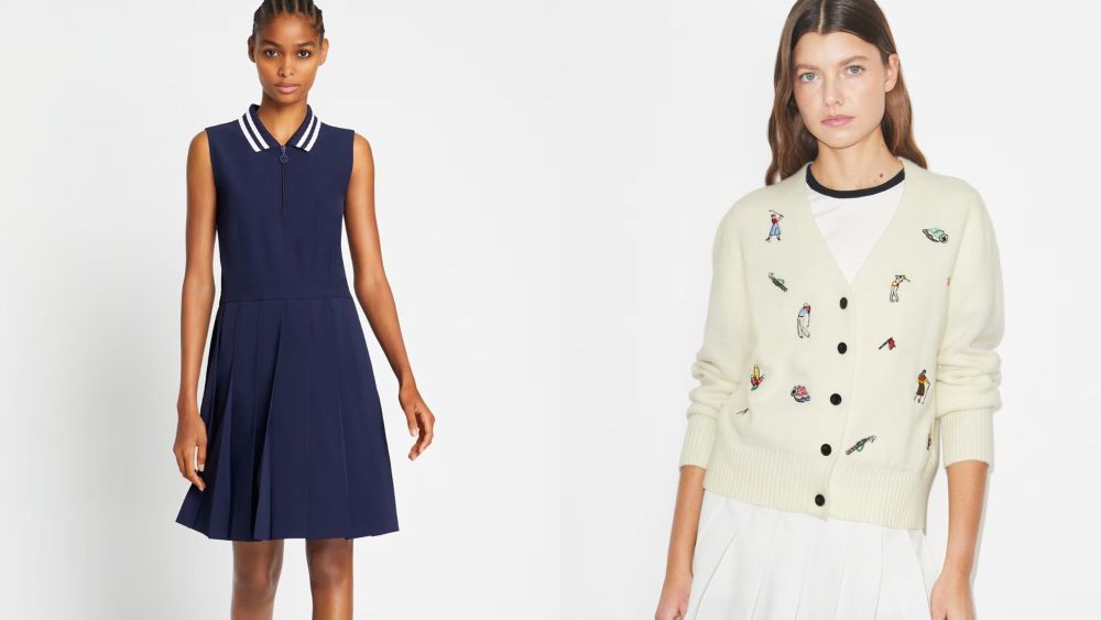 two models wearing tory burch golf dress and tory burch golf cardigan; tory burch golf collection tory sport 2026