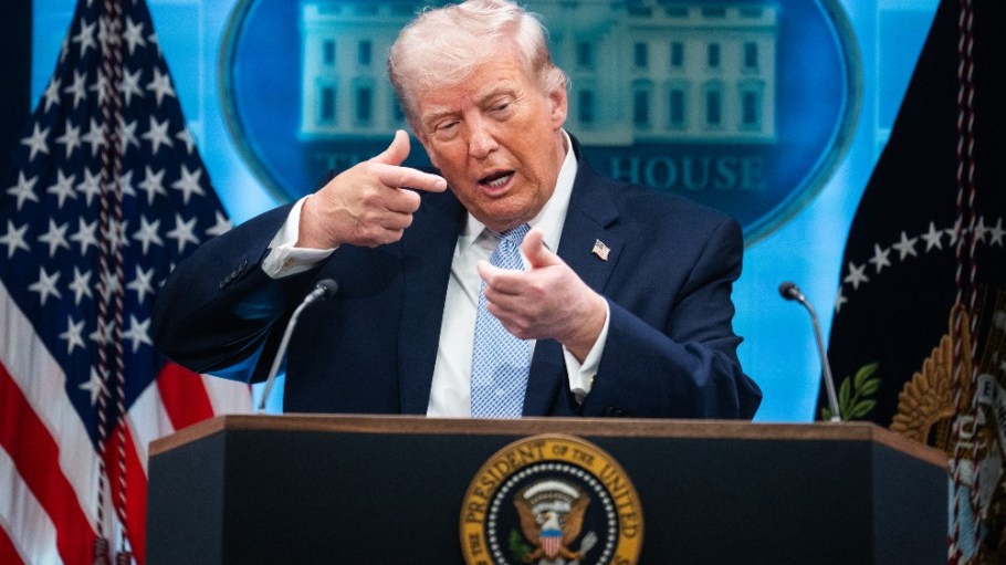 UNITED STATES - APRIL 6: President Donald Trump mimics firing a gun during a news conference in the White House briefing room about the war in Iran on Monday, April 6, 2026. (Tom Williams/CQ Roll Call)